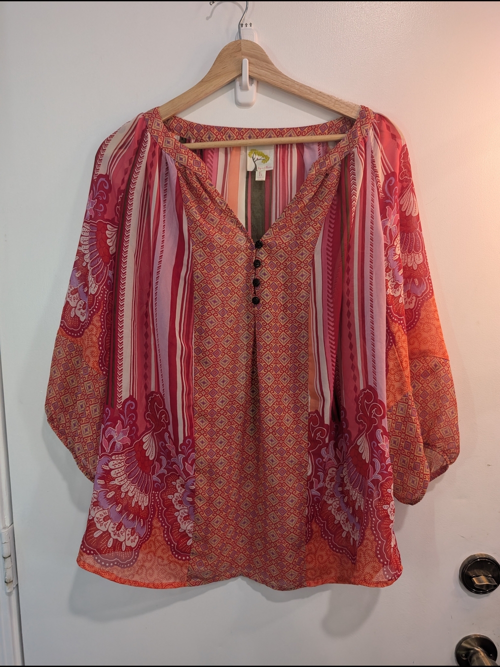 Fig & Flower Boho Peasant Blouse Red Orange Pink Popover Women’s Top Sz 1X